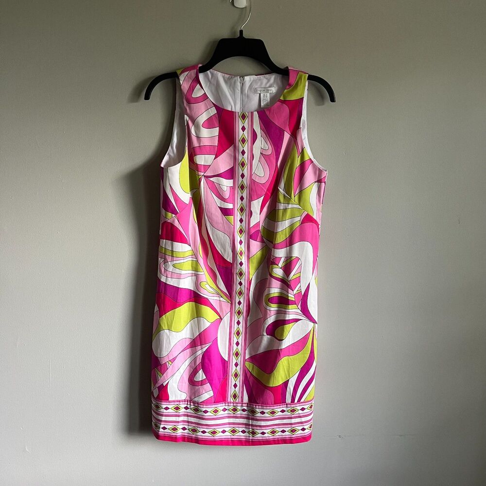NWT London Times Pink Green Geometric Swirl Cotton Sateen Shift Dress Size 8